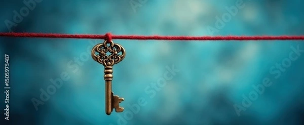 Fototapeta The vintage key hanging on a string against a blurred blue background.