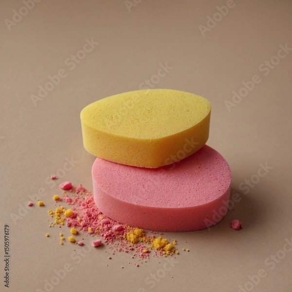 Obraz Pink and yellow makeup sponges neatly placed on a beige background.