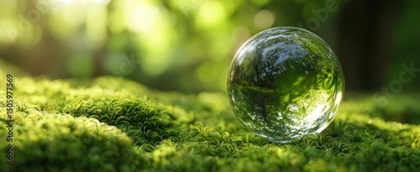 Fototapeta The glass orb resting on vibrant moss in a serene forest setting