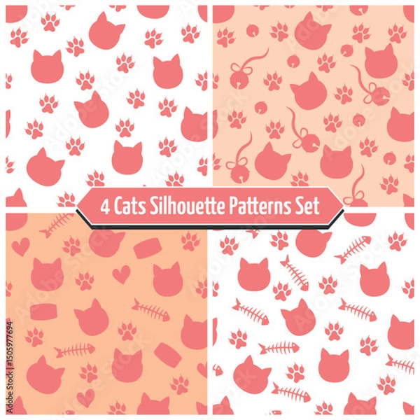 Obraz Cute Cats Silhouette Patterns Set - 4 Cat Patterns with Pink Silhouettes of Cats, Footprint, Bells, Fish Skeletons, Sardine Cans and Hearts. Seamless Link.