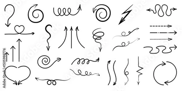 Fototapeta Collection of hand drawn decorative arrows in various styles including curly, spiral, wavy, zigzag, and heart shaped designs. Perfect for planners, infographics, presentations, social media graphics