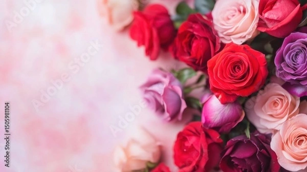 Fototapeta A vibrant collection of fresh roses in shades of red, pink, and purple elegantly arranged against a soft pastel backdrop
