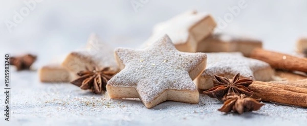 Fototapeta The delightful star-shaped cookies dusted with powdered sugar and spices.