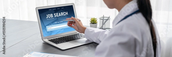 Fototapeta Online job search on brisk website for worker to search for job opportunities on the recruitment internet network