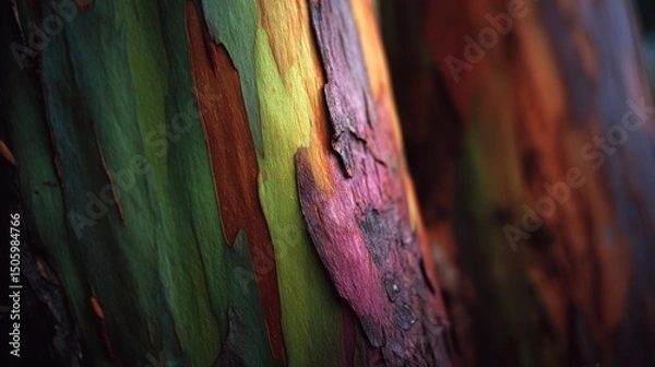 Obraz An intricate rainbow eucalyptus bark displays swirling patterns and rich colors, capturing the extraordinary diversity of nature’s palette.