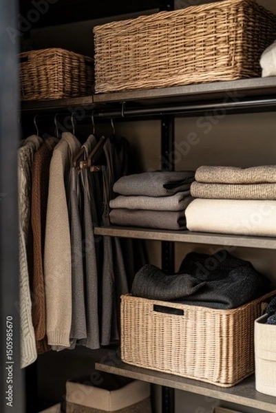 Obraz Closet Organized with Clothes and Baskets