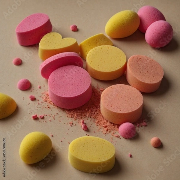 Obraz Randomly scattered yellow and pink makeup sponges on beige.