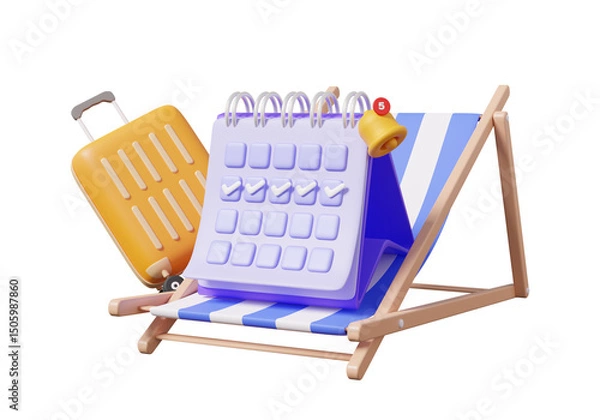 Obraz Calendar alert bell warning reminder on beach chair suitcase advertising activity appointment tourism travel summer holiday relaxation concept. journey design banner template mockup. 3d render 