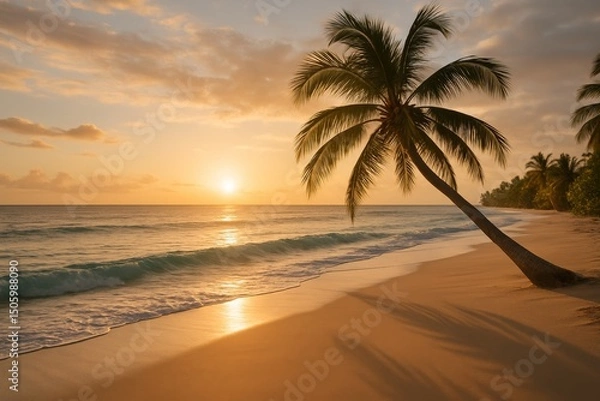 Fototapeta Peaceful tropical beach at sunset with palm tree, gentle waves, and golden light reflecting on the ocean.

