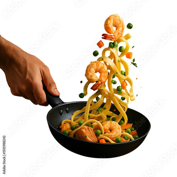 Obraz Chef Tossing Italian Pasta with Shrimp and Vegetables, Transparent

