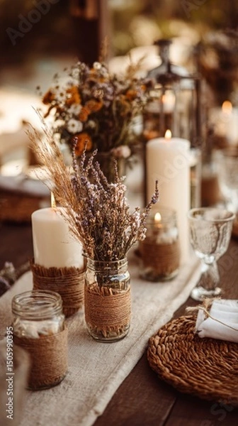 Fototapeta Rustic Table Setting With Flowers and Candles at Outdoor Gathering in Warm Sunlight