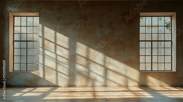 Fototapeta Sunlight Streaming Through Windows on Textured Wall in Empty Room