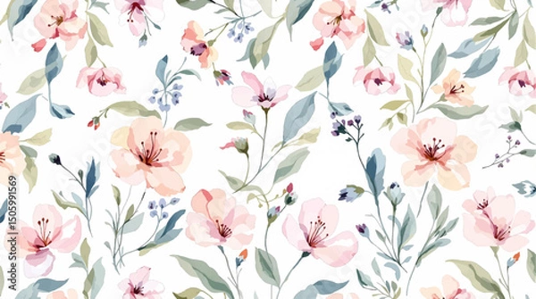Obraz Seamless floral pattern, watercolor background pattern colorful flowers on white background
