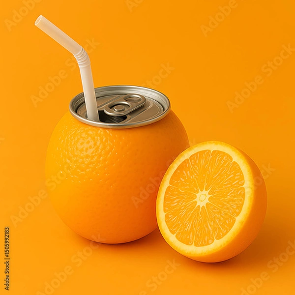 Obraz Creative Orange Juice Concept with Soda Can Lid and Straw

