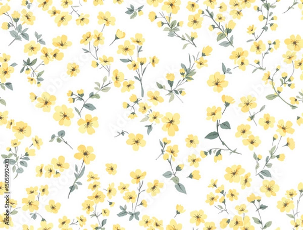 Obraz Seamless pattern with hand painted watercolor yellow flowers and leaves