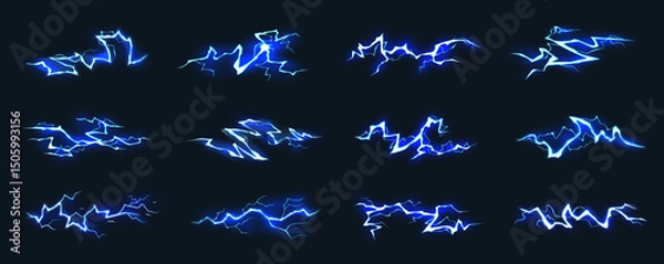 Fototapeta Electric thunderbolt strike. Glowing blue lightning bolt effects. Dynamic energy sparks, plasma flashes, power charge. Fantasy, sci fi magic for games, animations. Vector set