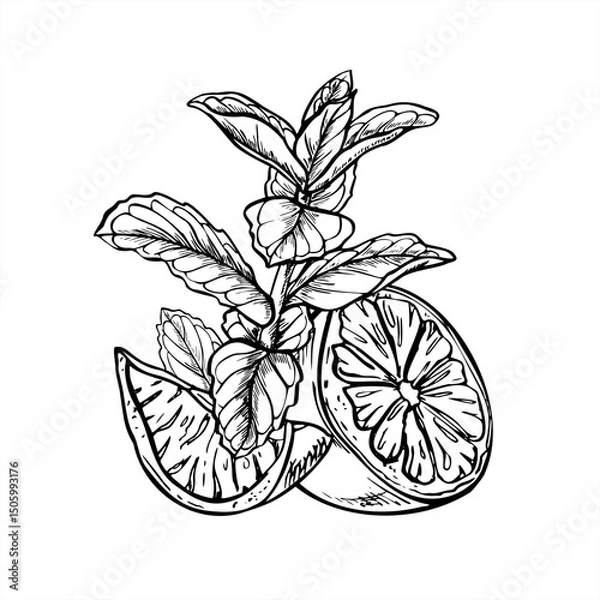 Fototapeta Monochrome vector citrus slices among melissa branches illustration painted by black inks. Etching drawing of lemon or lime with mint herbs for beverage branding, spa menus, healthy food packaging