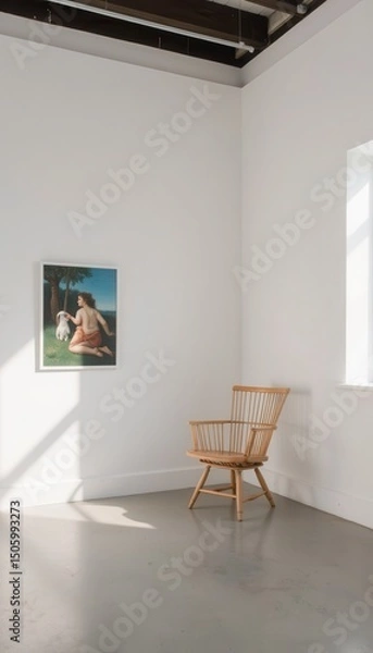 Fototapeta art gallery inspired space with single museum style armchair, focused spotlight on wall painting, crisp shadows on a white matte background for editorial or catalog content.