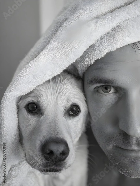Obraz Dog and Owner Sharing a Towel After Bath
