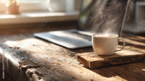 Fototapeta  A steaming cup of coffee sits on an old wooden desk, beside it is the laptop with morning sunlight streaming through the window, creating a cozy and inviting atmosphere. 