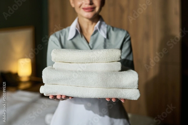 Fototapeta Portrait of smiling hotel attendant holding stack of fresh towels. Warm, inviting environment in background, suggesting welcoming service
