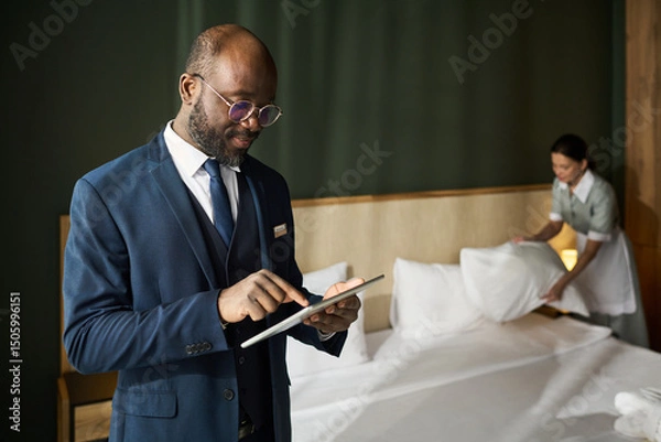 Fototapeta Man in business suit using tablet in luxury hotel suite while young housekeeper is making bed in background