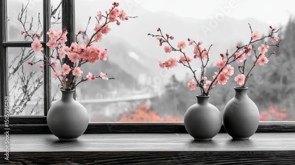 Fototapeta Elegant Vases with Cherry Blossom Branches in Monochrome Setting