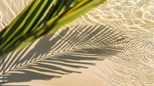 Fototapeta Palm leaf shadow on sunlit sand & rippling water. Tropical beach zen aesthetic, summer nature abstract, serene minimalist spa background. 