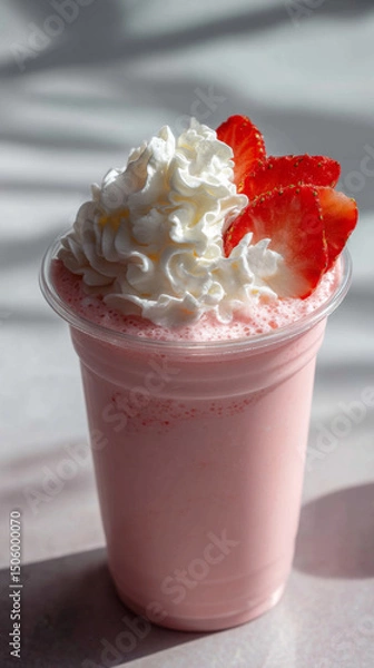 Fototapeta Strawberry smoothie topped with whipped cream and fresh sliced strawberry, refreshing cold drink with creamy texture