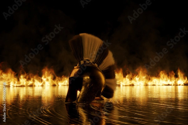 Fototapeta 3d rendering of ancient Illyrian helmet type laying on reflection surface