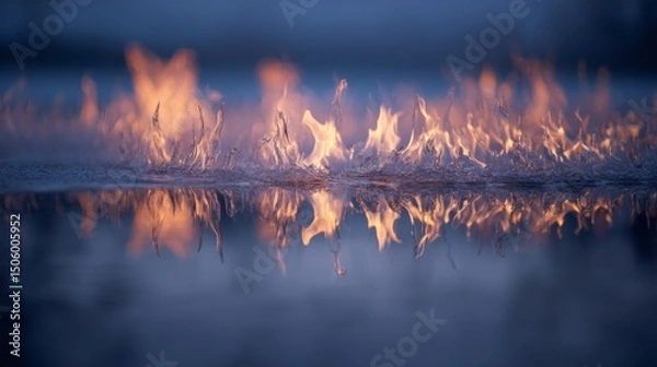 Obraz Fiery flames dance upon a reflective water surface, casting warm hues and capturing an enchanting nocturnal spectacle.