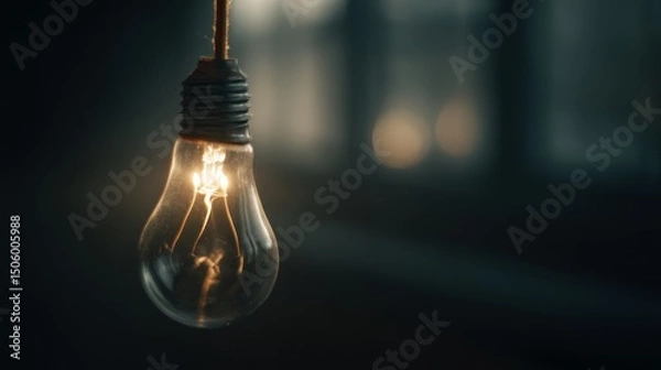 Obraz Three hanging light bulbs with a vintage appearance softly glowing in a dim environment, adding a nostalgic, warm ambiance.