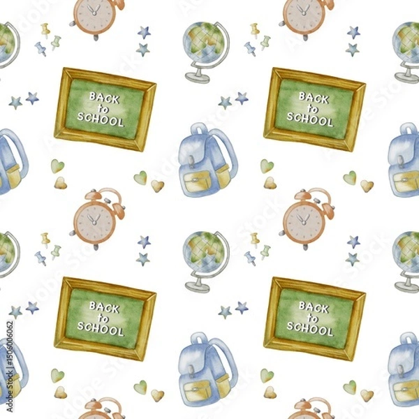 Fototapeta Colorful school supplies pattern featuring globes, clocks, and backpacks for creative projects