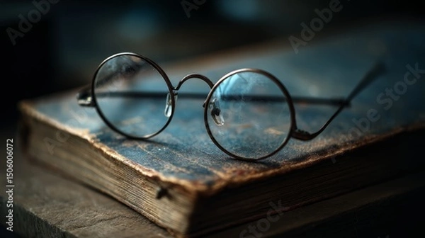 Obraz Delicate glasses rest on an aged book, blending intellect with the passage of time in quiet contemplation.