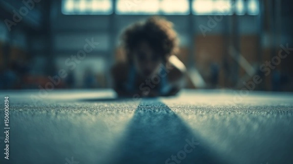 Obraz A focused gymnast rests on the mat, capturing the anticipation and energy of a workout session in the gym.