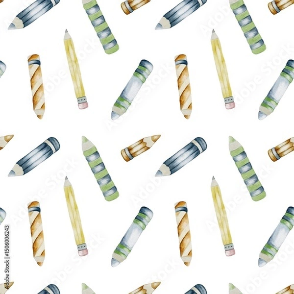 Fototapeta Colorful watercolor pattern of school supplies featuring pencils and crayons on a white background