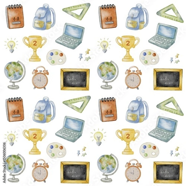Fototapeta Colorful school supplies pattern featuring backpacks, laptops, and globes for creative projects