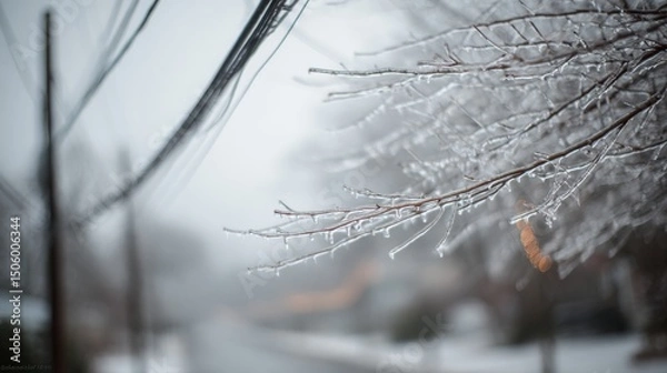 Obraz Ice-coated branches glisten against a blurred wintry backdrop, capturing the serene quietness of a frozen morning.