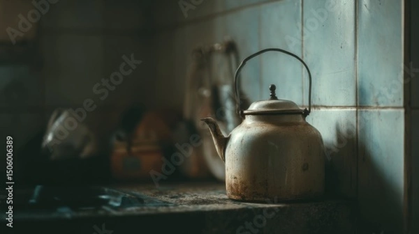 Obraz A vintage kettle sits on a rustic kitchen counter, bathed in soft light, evoking nostalgia for simpler times.