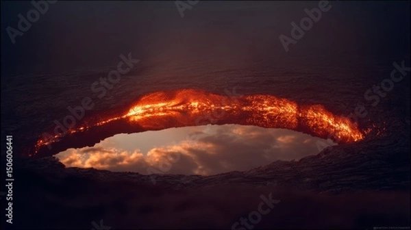 Obraz A fiery landscape with molten lava surrounds a glowing crater, blending the fierce power of nature with the soft reflection of sky.