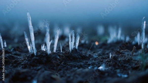 Obraz Tiny ice crystals in soil form a striking pattern, showcasing the fragility and beauty of nature in a cold landscape.