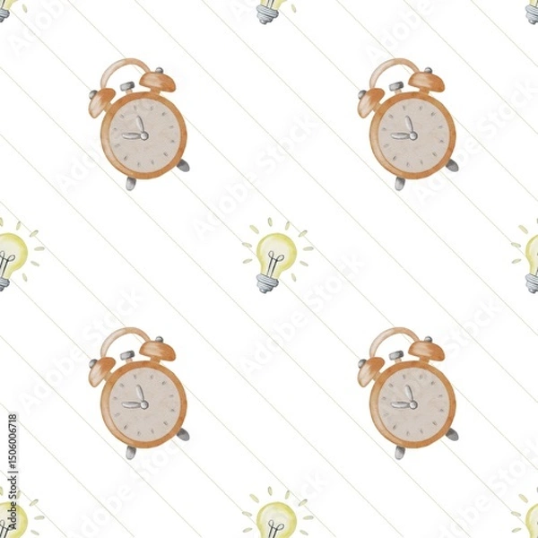 Fototapeta Colorful pattern of alarm clocks and light bulbs on a white background for school supplies