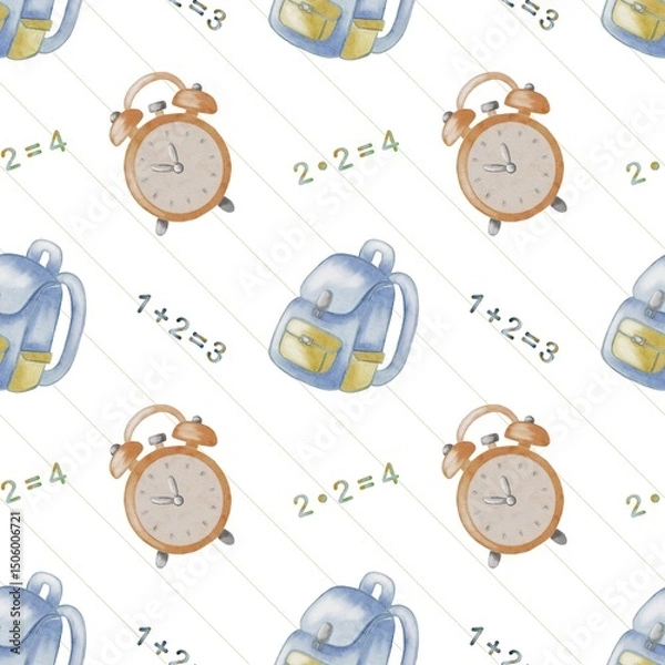 Fototapeta Watercolor school supplies pattern with clocks and backpacks for projects and wrapping