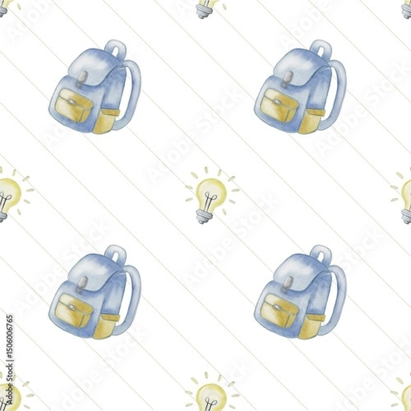 Fototapeta Creative school supplies pattern with backpacks and light bulbs in a seamless design