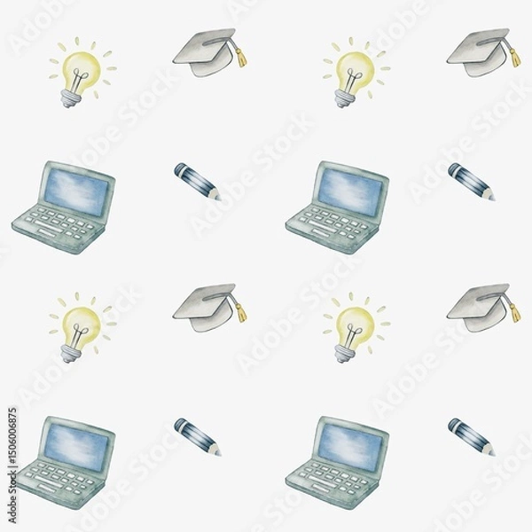 Fototapeta Colorful pattern of school supplies like light bulbs, laptops, and graduation caps