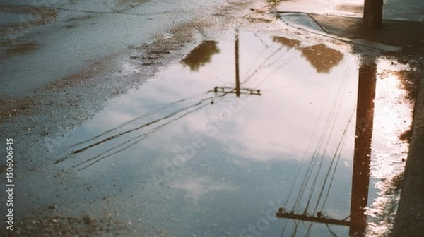 Fototapeta A sunlit reflection of a power line creates an abstract scene in a puddle, merging urban elements with nature's artistry.