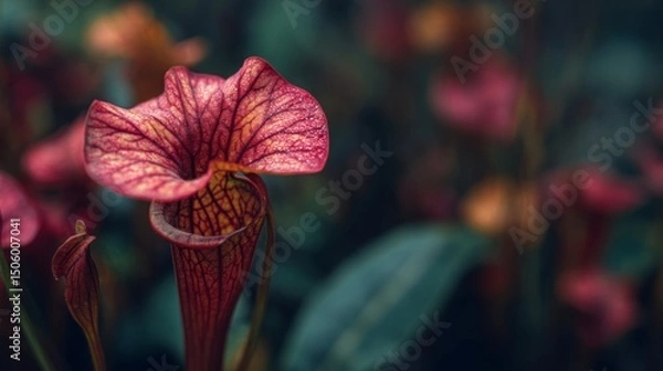 Obraz A striking pitcher plant flower with deep red veins and intricate patterns, set against a blurred background of greenery in a mysterious garden.