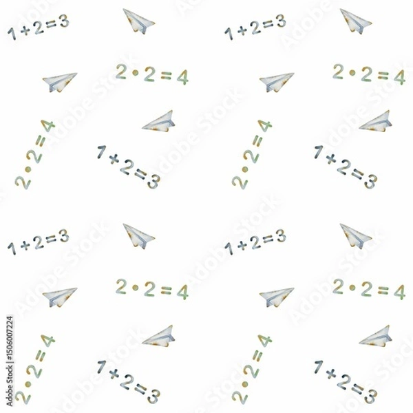 Fototapeta Colorful school supplies pattern featuring numbers and paper airplanes for educational themes