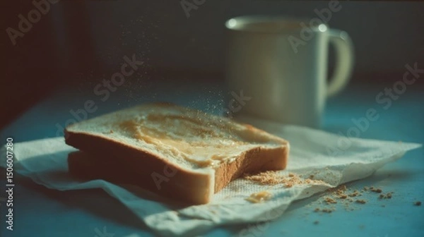 Obraz Freshly prepared toast with butter and a steaming coffee cup create a cozy morning scene, perfectly capturing a simple, warm breakfast moment.
