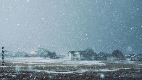 Obraz Snow gently falls over a quiet neighborhood, blanketing homes and fields in a peaceful winter scene, creating a serene, frosty atmosphere.